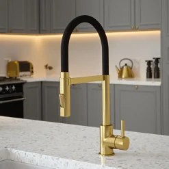 The Tap Factory Vibrance Tube Brushed Brass Mono Pull Out Kitchen Mixer Tap with Coloured Spout