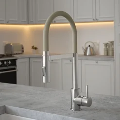 The Tap Factory Vibrance Tube Brushed Nickel Mono Pull Out Kitchen Mixer Tap with Coloured Spout