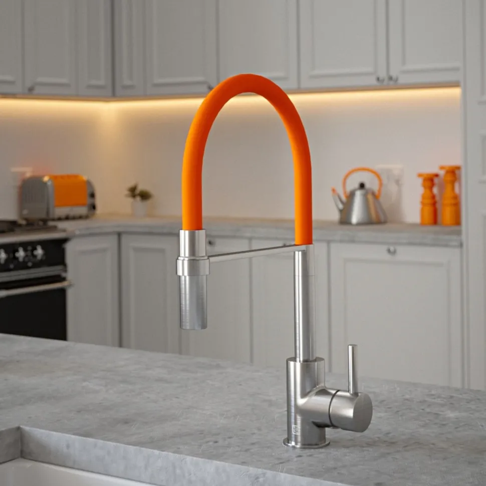 The Tap Factory Vibrance Tube Brushed Nickel Mono Pull Out Kitchen Mixer Tap with Coloured Spout