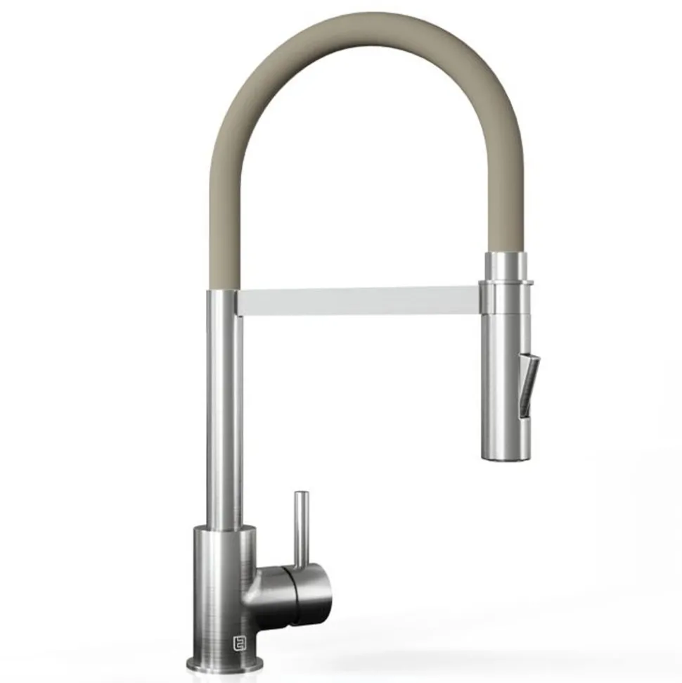The Tap Factory Vibrance Tube Brushed Nickel Mono Pull Out Kitchen Mixer Tap with Coloured Spout