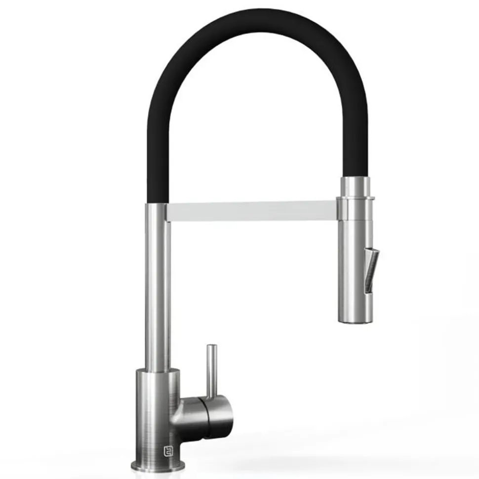 The Tap Factory Vibrance Tube Brushed Nickel Mono Pull Out Kitchen Mixer Tap with Coloured Spout