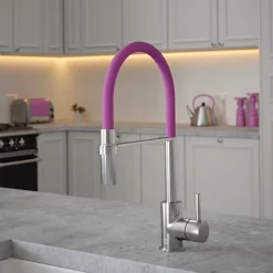 The Tap Factory Vibrance Tube Brushed Nickel Mono Pull Out Kitchen Mixer Tap with Coloured Spout