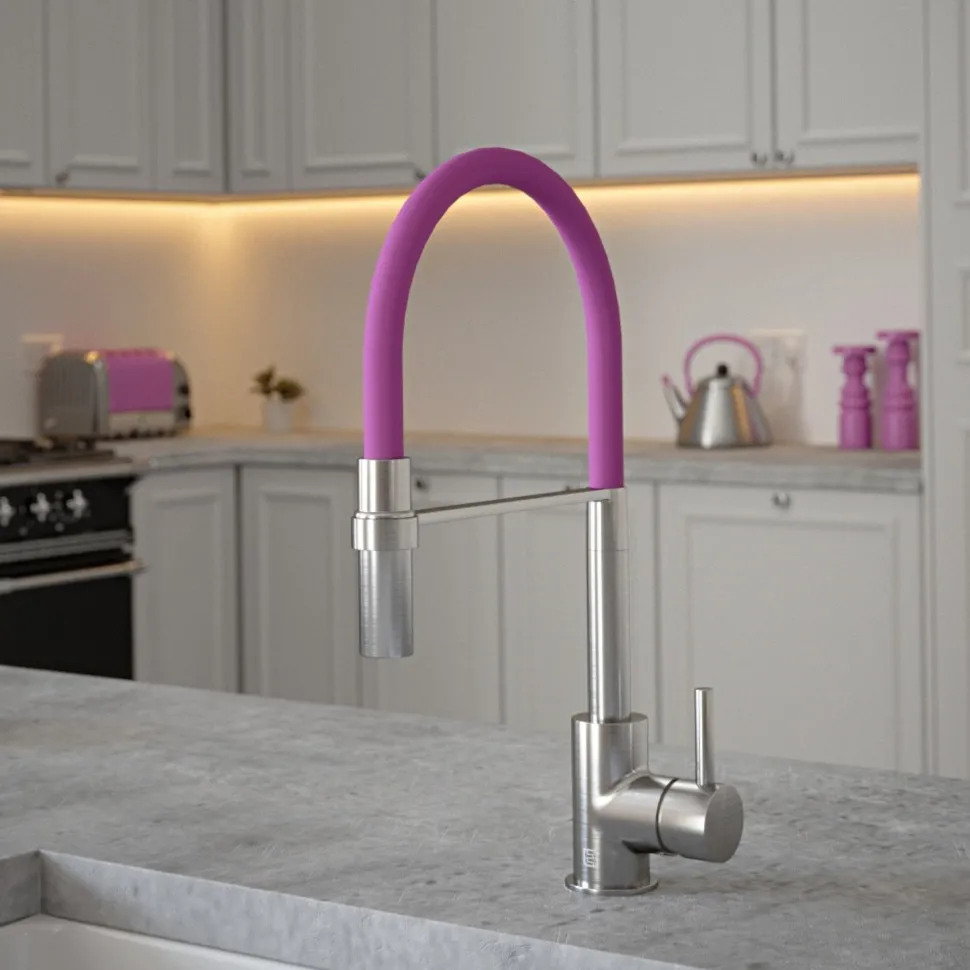 The Tap Factory Vibrance Tube Brushed Nickel Mono Pull Out Kitchen Mixer Tap with Coloured Spout