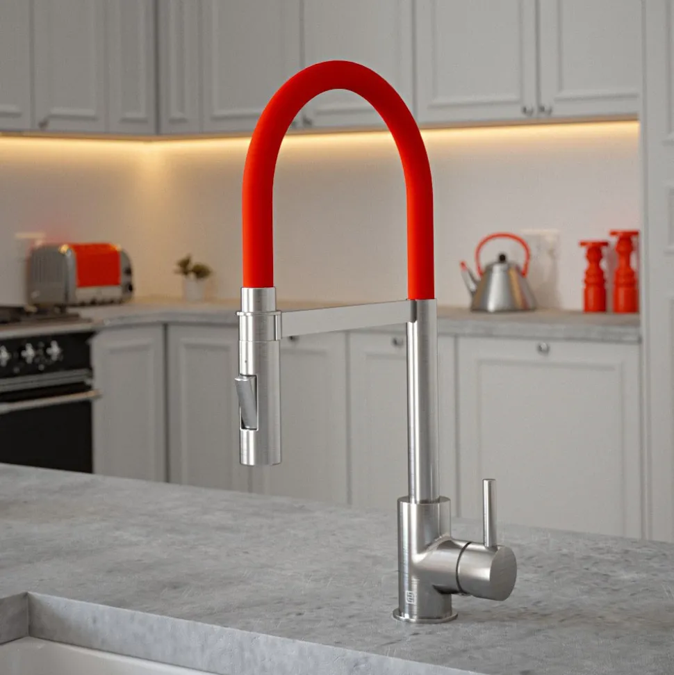 The Tap Factory Vibrance Tube Brushed Nickel Mono Pull Out Kitchen Mixer Tap with Coloured Spout