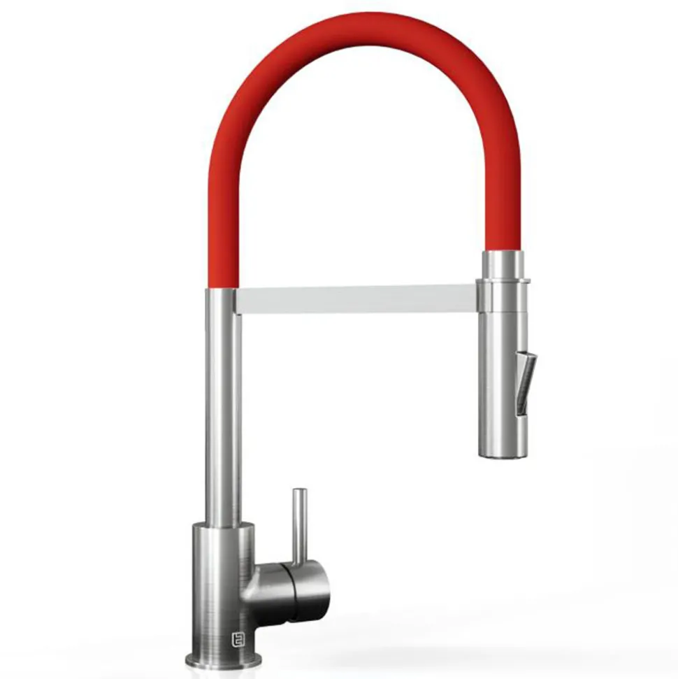 The Tap Factory Vibrance Tube Brushed Nickel Mono Pull Out Kitchen Mixer Tap with Coloured Spout