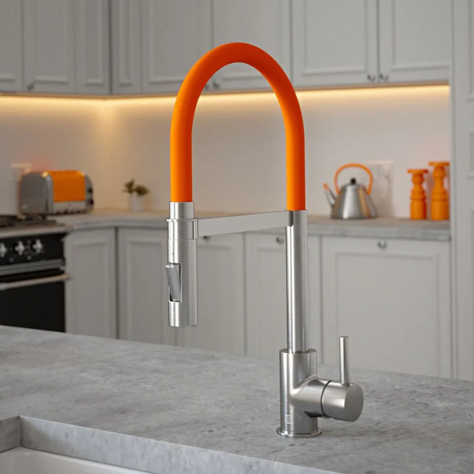 The Tap Factory Vibrance Tube Brushed Nickel Mono Pull Out Kitchen Mixer Tap with Coloured Spout