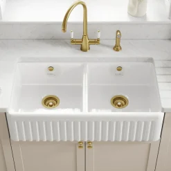 Thomas Denby Buxton 2 Bowl Fluted White Ceramic Belfast Sink - 895 x 465mm