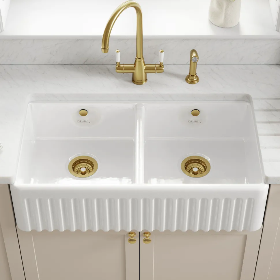 Thomas Denby Buxton 2 Bowl Fluted White Ceramic Belfast Sink - 895 x 465mm
