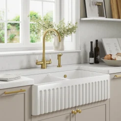 Thomas Denby Buxton 2 Bowl Fluted White Ceramic Belfast Sink - 895 x 465mm