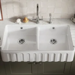 Thomas Denby Cotswold 2 Bowl Fluted White Ceramic Belfast Sink - 1000 x 535mm