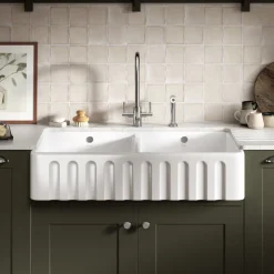 Thomas Denby Cotswold 2 Bowl Fluted White Ceramic Belfast Sink - 1000 x 535mm