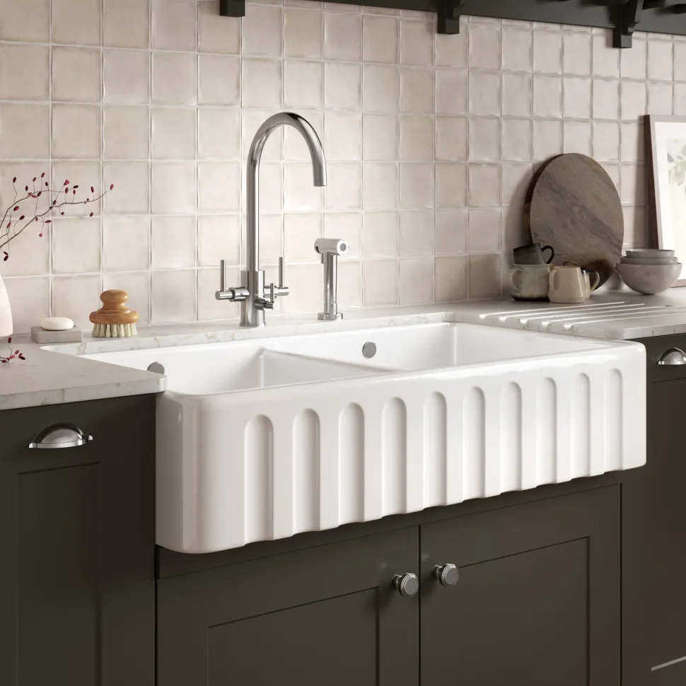 Thomas Denby Cotswold 2 Bowl Fluted White Ceramic Belfast Sink - 1000 x 535mm