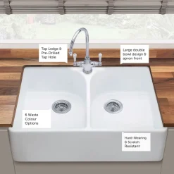 Thomas Denby Heritage Double Belfast Large 2 Bowl White Ceramic Kitchen Sink - 795 x 500mm