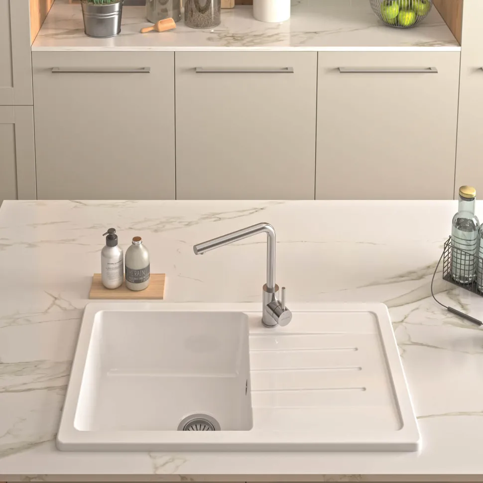 Thomas Denby Jarla Mini 1 Bowl Gloss White Ceramic Kitchen Sink with Reversible Drainer - 860 x 500mm