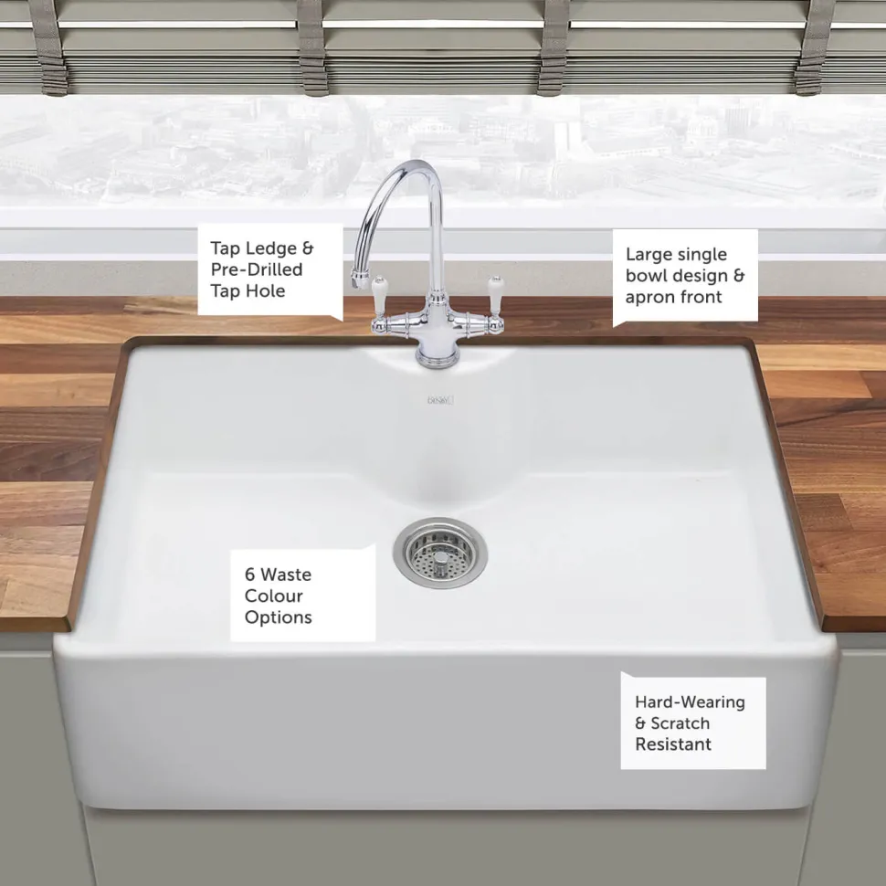 Thomas Denby Legacy Belfast 1 Bowl Gloss White Ceramic Kitchen Sink with Tap Ledge - 795 x 500mm