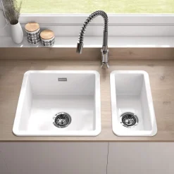 Thomas Denby Metro 1 Bowl and Half Bowl Inset or Undermount Gloss White Ceramic Kitchen Sink