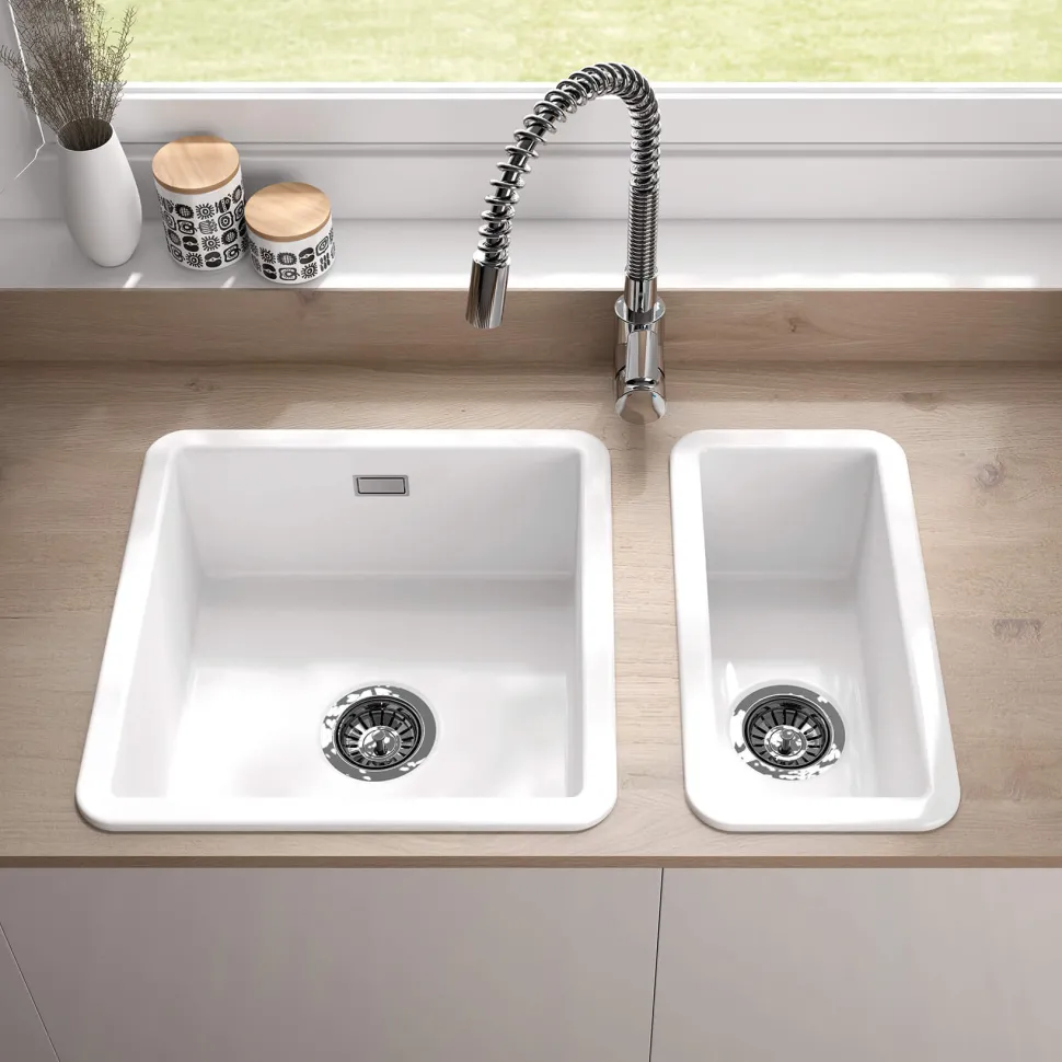 Thomas Denby Metro 1 Bowl and Half Bowl Inset or Undermount Gloss White Ceramic Kitchen Sink
