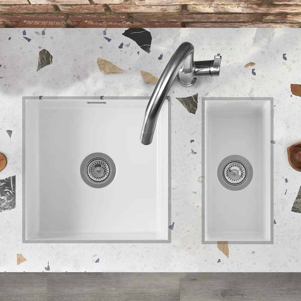 Thomas Denby Metro 1 Bowl and Half Bowl Inset or Undermount Gloss White Ceramic Kitchen Sink