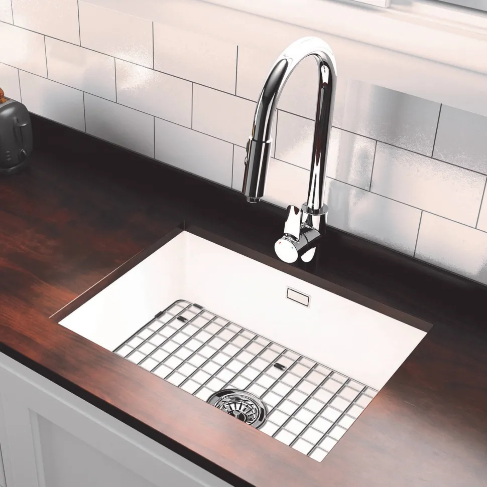 Thomas Denby Metro 1 Bowl and Half Bowl Inset or Undermount Gloss White Ceramic Kitchen Sink