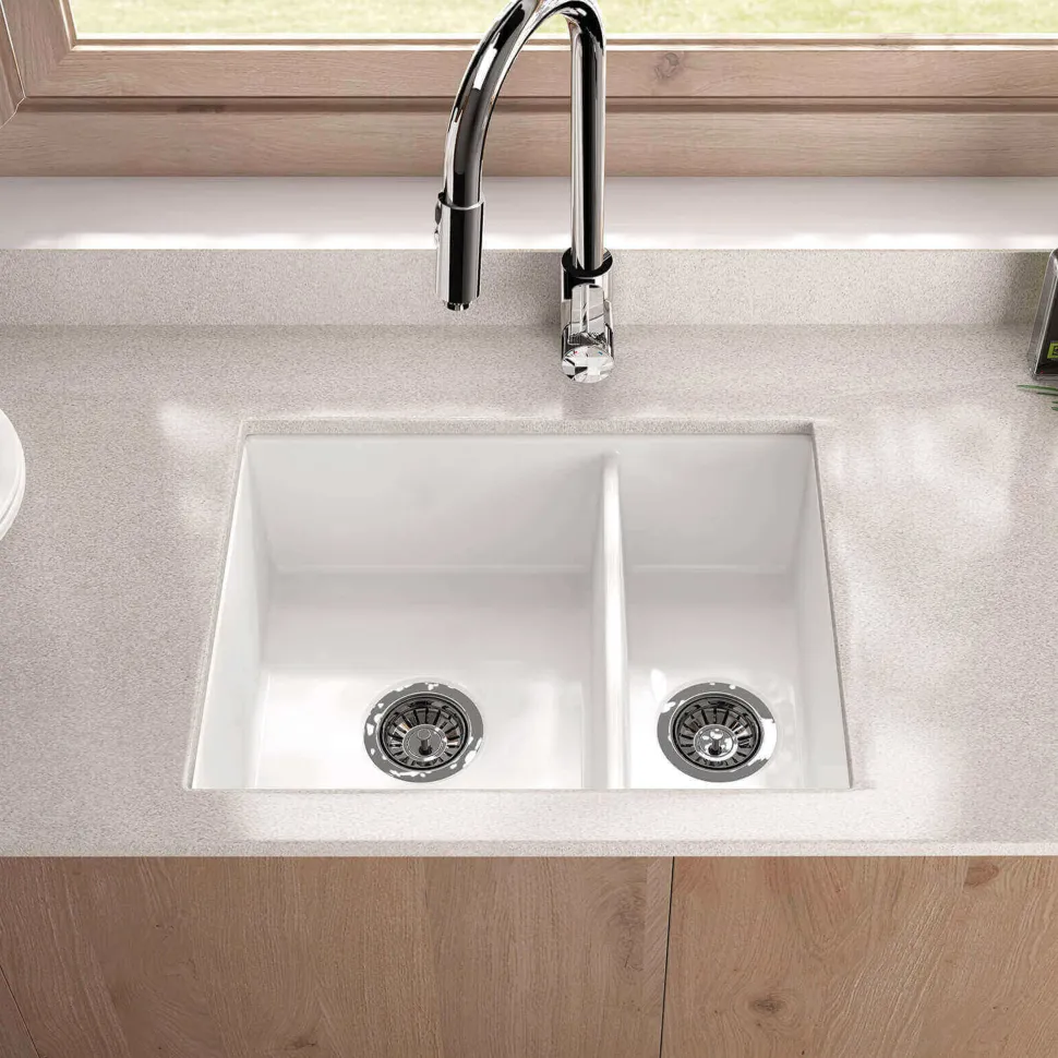 Thomas Denby Metro 1.5 Bowl Inset or Undermount Ceramic Kitchen Sink with Left Hand Main Bowl - 595 x 460mm