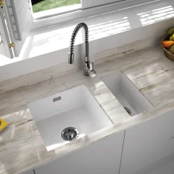 Thomas Denby Metro Half Bowl Inset or Undermount Gloss White Ceramic Kitchen Sink - 234 x 460mm