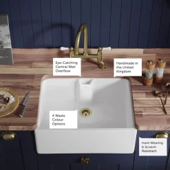 Thomas Denby Norfolk Belfast 1 Bowl Gloss White Ceramic Kitchen Sink - 595 x 460mm