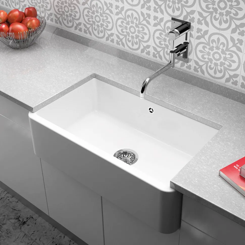 Thomas Denby Vintage Belfast 1 Bowl Gloss White Ceramic Kitchen Sink - 795 x 460mm