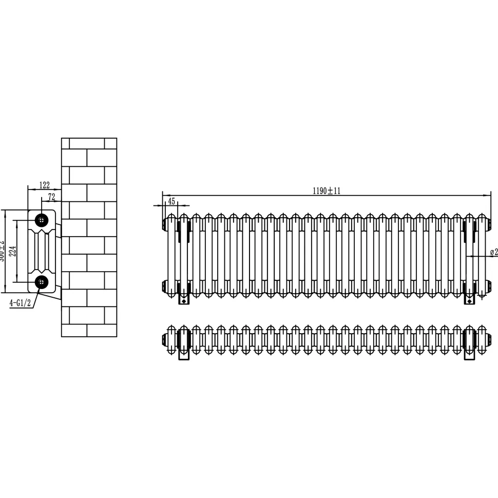 Toasty Ardleigh White Compact Horizontal 3 Column Radiator - 300mm Height