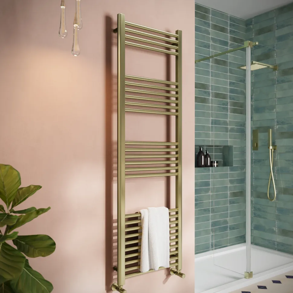 Toasty Glow Brushed Brass 22mm Heated Ladder Towel Rail