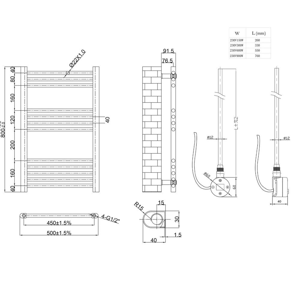 Toasty Glow White 22mm Electric Heated Ladder Towel Rail with Heating Element