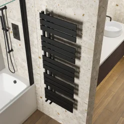 Toasty Haven Matt Black Flat Panel Offset Heated Towel Rail - 1290 x 500mm