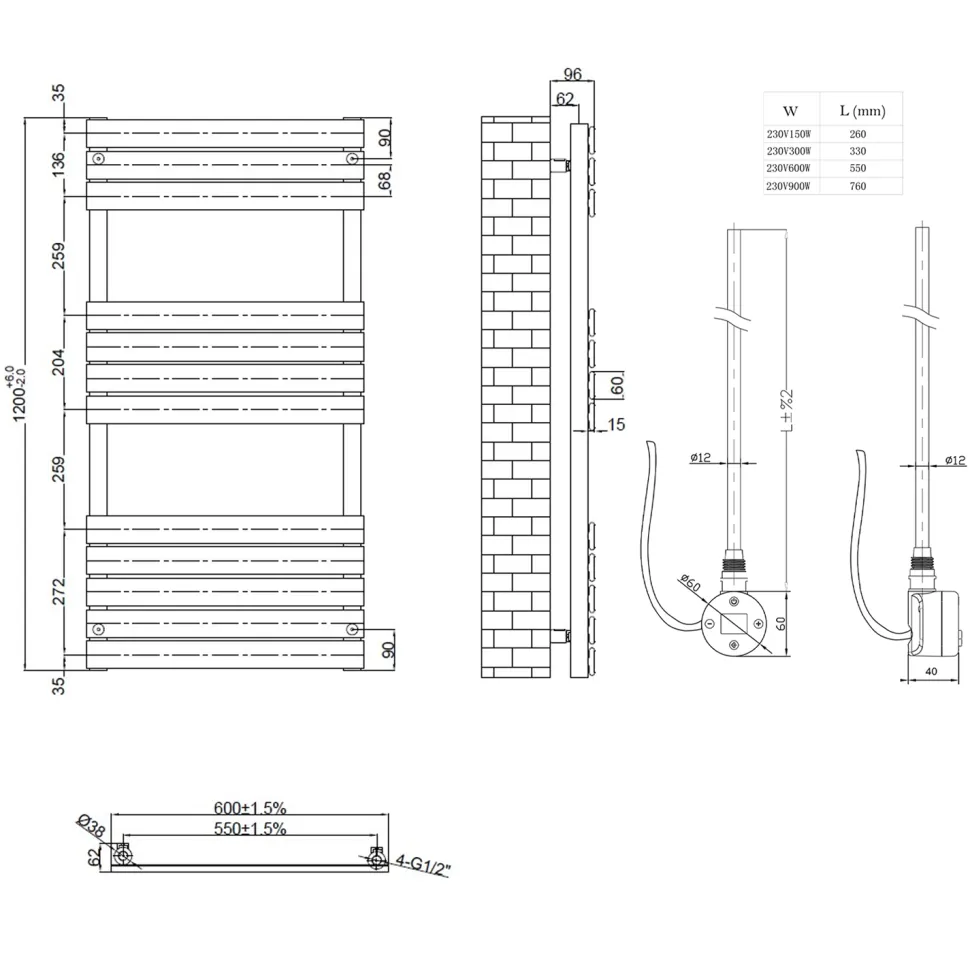 Toasty Hush Chrome Electric Flat Panel Heated Towel Rail with Heating Element
