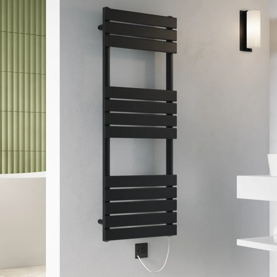 Toasty Hush Matt Black Electric Flat Panel Heated Towel Rail with Heating Element