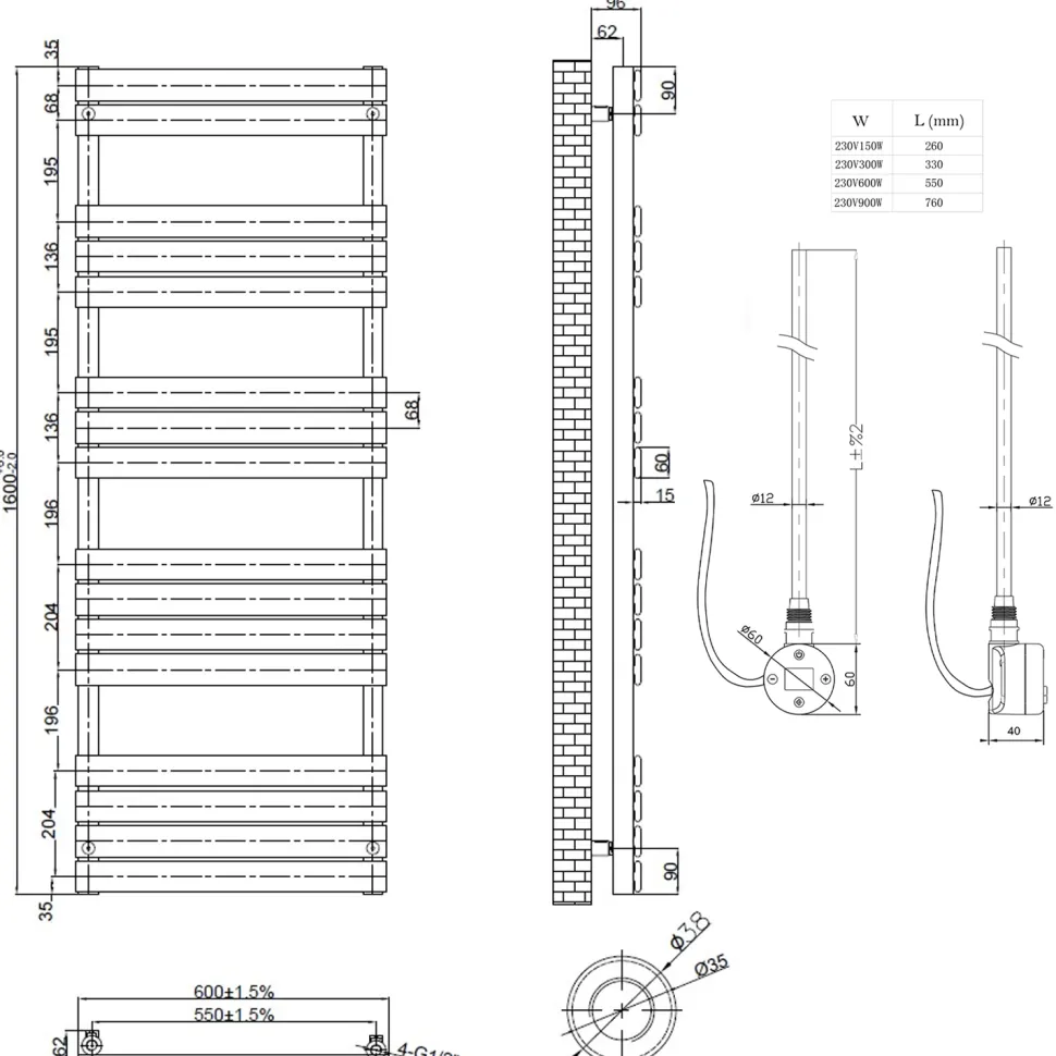 Toasty Hush Matt Black Electric Flat Panel Heated Towel Rail with Heating Element