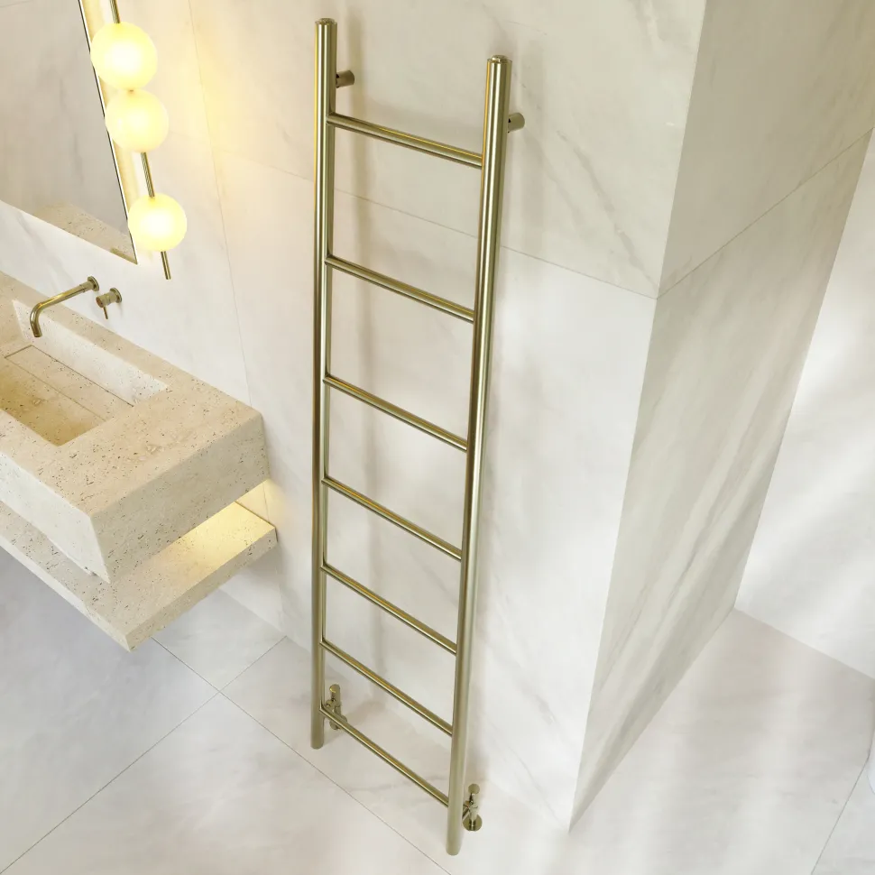 Toasty Oblique Brushed Brass Leaning Ladder Heated Towel Rail - 1800 x 500mm