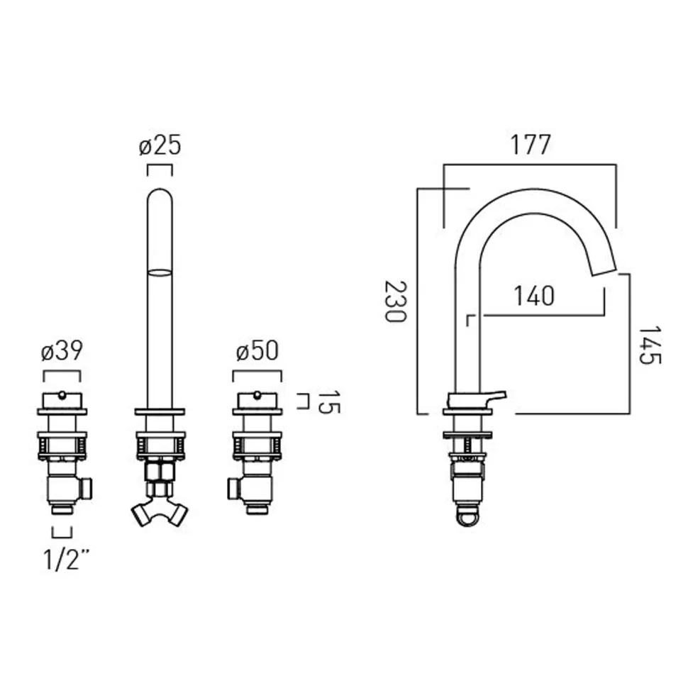 Vado Safari 3 Hole Deck Mounted Basin Mixer Tap