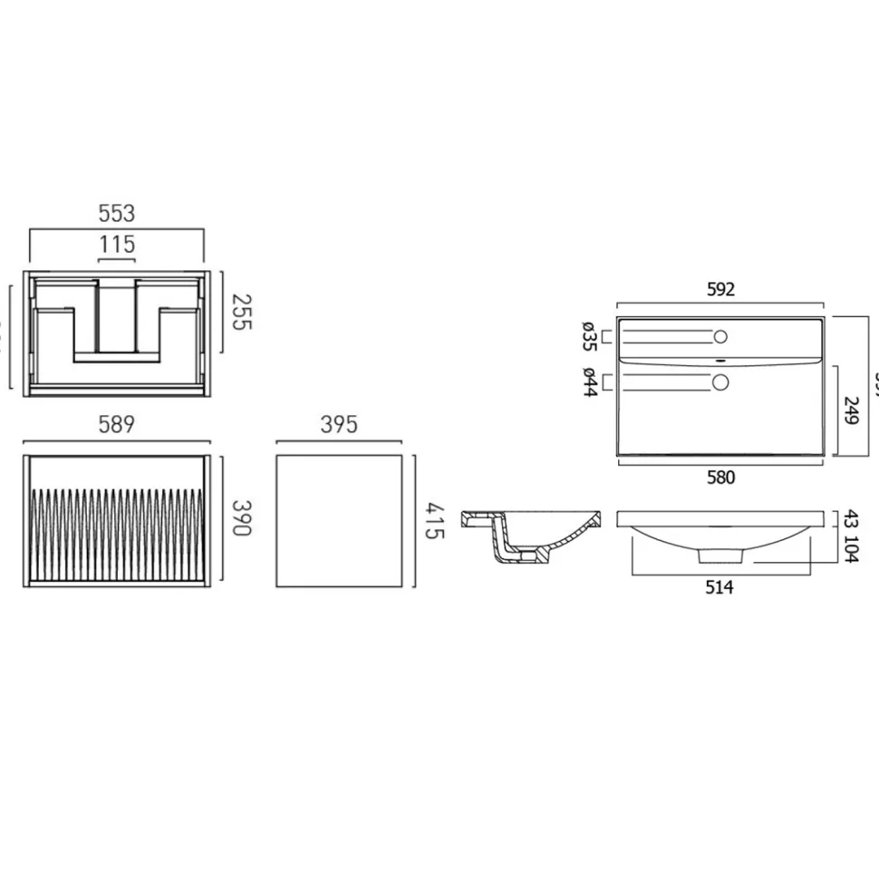 Vado Safari 600mm Fluted Wall Hung Vanity Unit & Basin