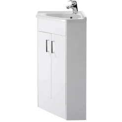 Vellamo Alpine 2 Door Corner Cabinet Vanity Unit & Ceramic Basin - Gloss White