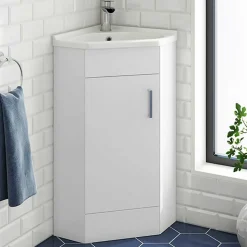 Vellamo Alpine 1 Door Corner Cabinet Vanity Unit & Ceramic Basin - White Gloss