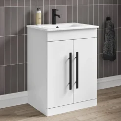 Vellamo Aspire 600mm Floorstanding 2 Door Vanity Unit & Ceramic Basin with Matt Black Handles & Overflow Cover
