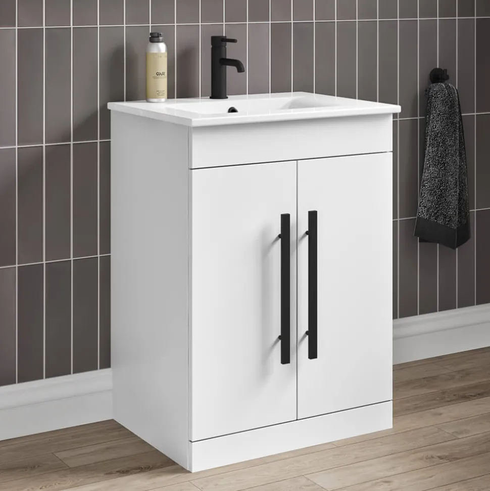 Vellamo Aspire 600mm Floorstanding 2 Door Vanity Unit & Ceramic Basin with Matt Black Handles & Overflow Cover