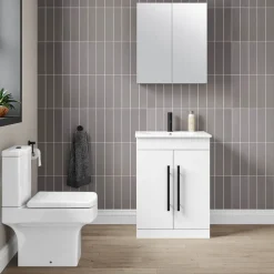 Vellamo Aspire 600mm Floorstanding 2 Door Vanity Unit & Ceramic Basin with Matt Black Handles & Overflow Cover