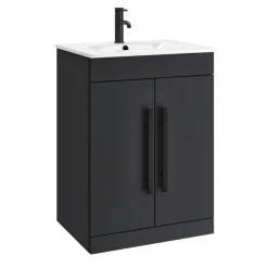 Vellamo Aspire 600mm Floorstanding 2 Door Vanity Unit & Ceramic Basin with Matt Black Handles & Overflow Cover