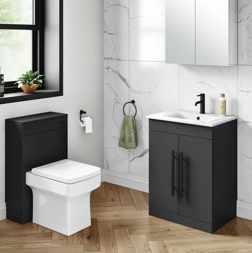 Vellamo Aspire 600mm Floorstanding 2 Door Vanity Unit & Ceramic Basin with Matt Black Handles & Overflow Cover