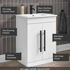 Vellamo Aspire 600mm Floorstanding 2 Door Vanity Unit & Ceramic Basin with Matt Black Handles & Overflow Cover