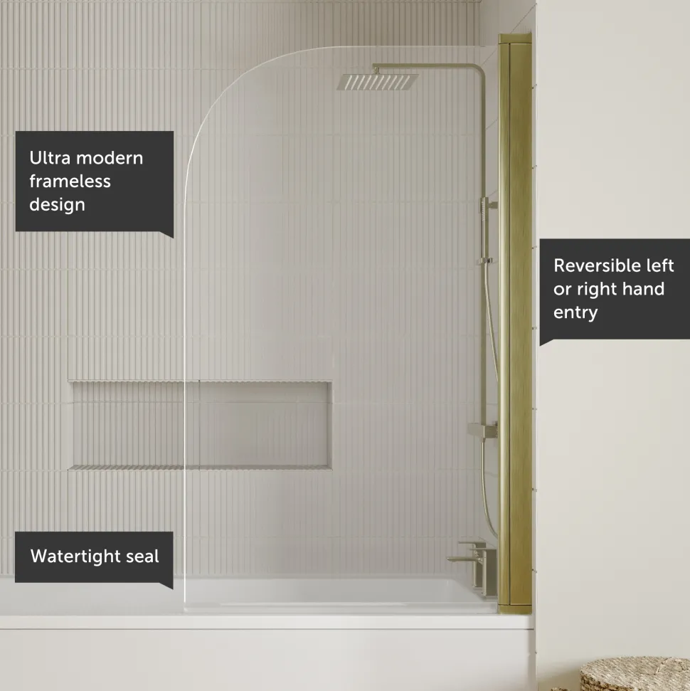 Vellamo Brushed Brass Curved Corner Single Hinged Bath Screen - 1435 x 775mm