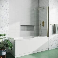 Vellamo Brushed Brass Curved Corner Single Hinged Bath Screen - 1435 x 775mm
