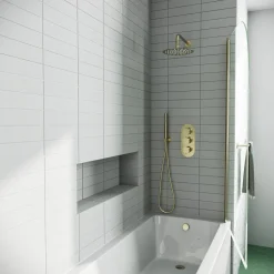 Vellamo Brushed Brass Curved Corner Single Hinged Bath Screen - 1435 x 775mm