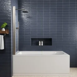 Vellamo Brushed Nickel Curved Corner Single Hinged Bath Screen - 1400 x 800mm