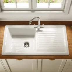 Vellamo Ceramic 1 Bowl Inset Kitchen Sink with Reversible Drainer & Waste Kit - 1010 x 530mm